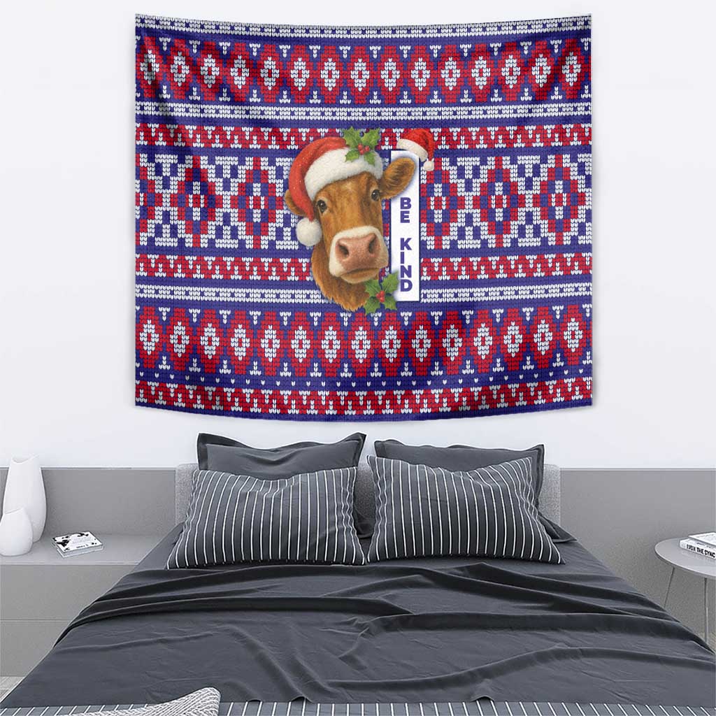 Cow in Santa Hat Be Kind Message Tapestry with Red Blue Knit Pattern Design - Wonder Print Shop