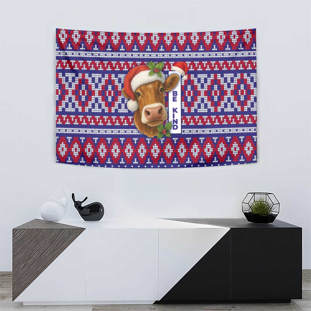 Cow in Santa Hat Be Kind Message Tapestry with Red Blue Knit Pattern Design - Wonder Print Shop