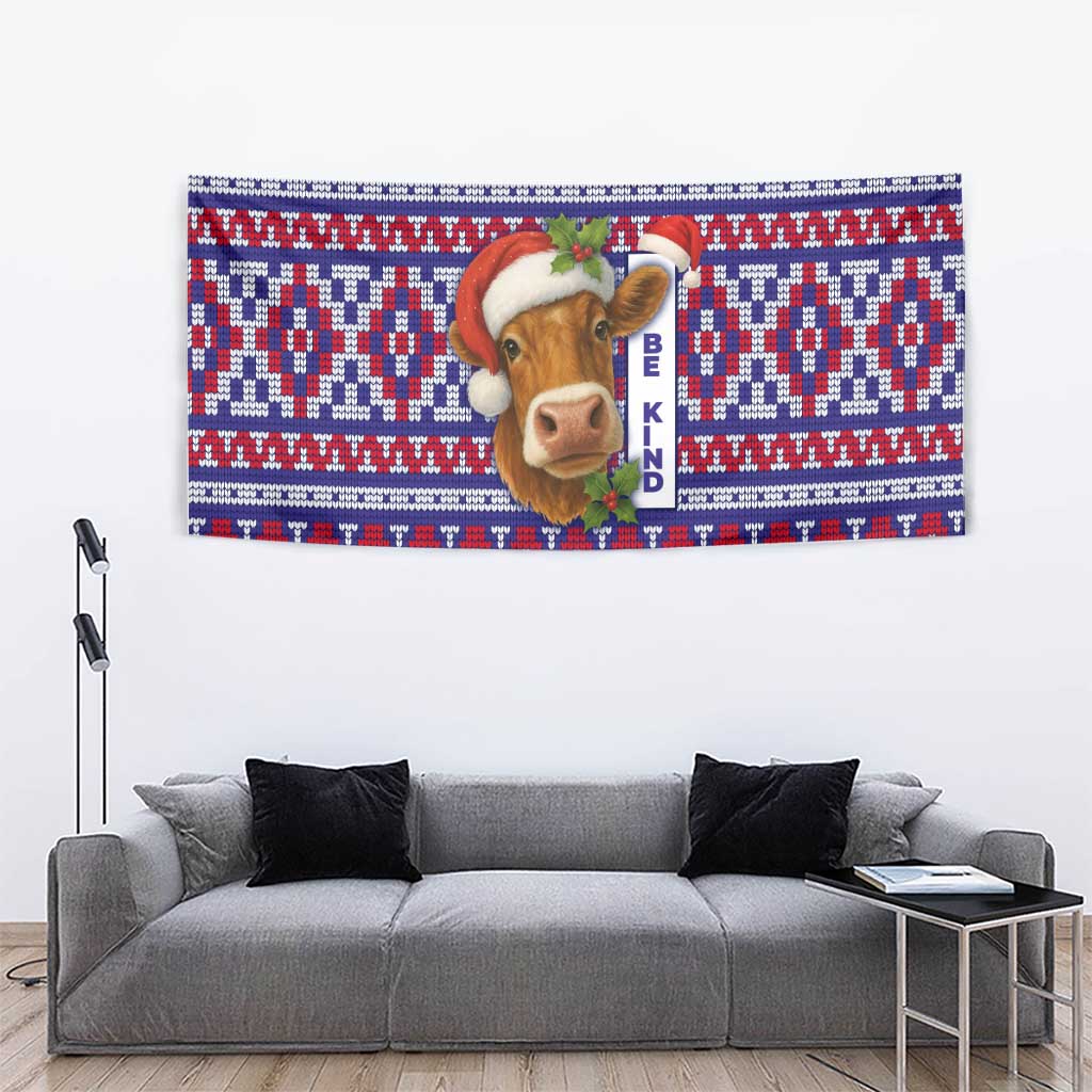 Cow in Santa Hat Be Kind Message Tapestry with Red Blue Knit Pattern Design - Wonder Print Shop