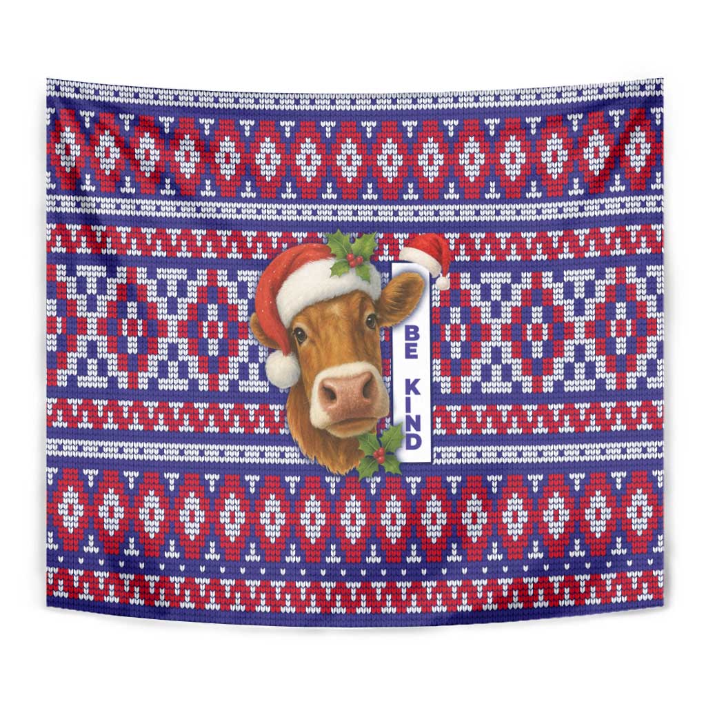 Cow in Santa Hat Be Kind Message Tapestry with Red Blue Knit Pattern Design - Wonder Print Shop