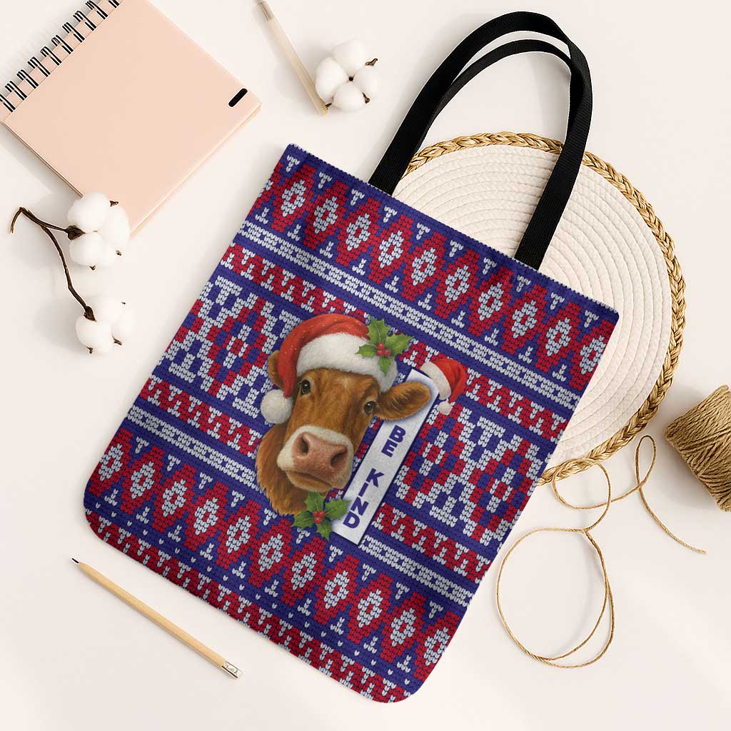 Cow in Santa Hat Be Kind Message Tote Bag with Red Blue Knit Pattern Design - Wonder Print Shop