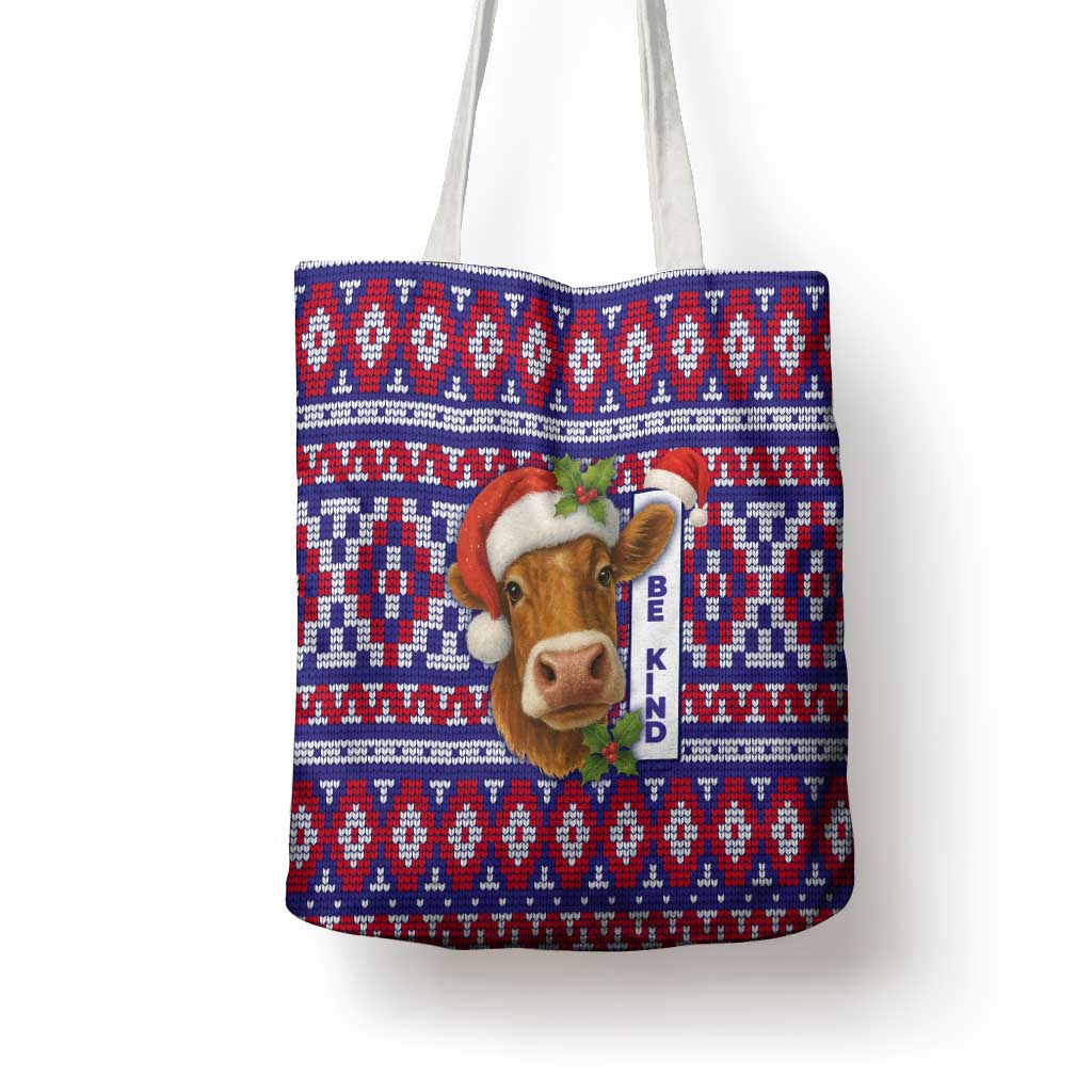 Cow in Santa Hat Be Kind Message Tote Bag with Red Blue Knit Pattern Design - Wonder Print Shop