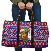 Cow in Santa Hat Be Kind Message Travel Bag with Red Blue Knit Pattern Design - Wonder Print Shop