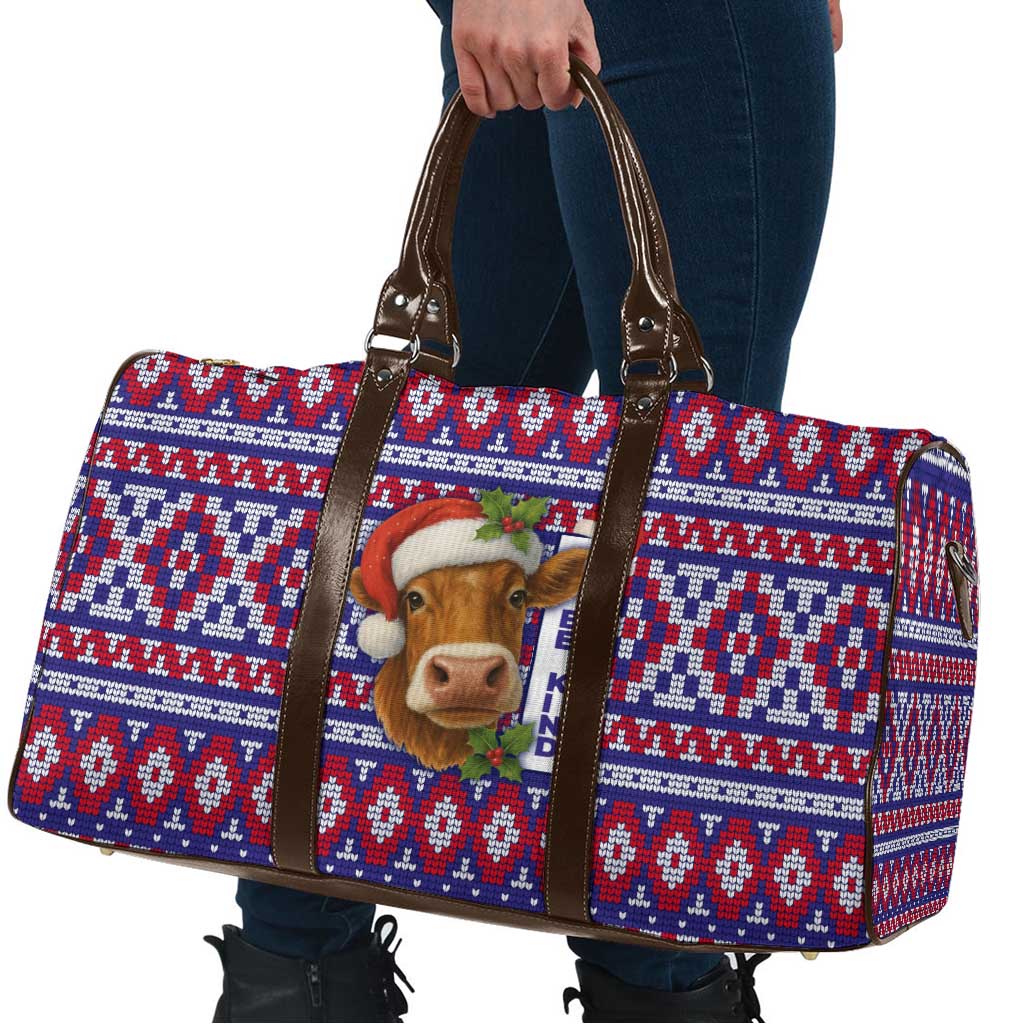 Cow in Santa Hat Be Kind Message Travel Bag with Red Blue Knit Pattern Design - Wonder Print Shop