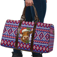 Cow in Santa Hat Be Kind Message Travel Bag with Red Blue Knit Pattern Design - Wonder Print Shop
