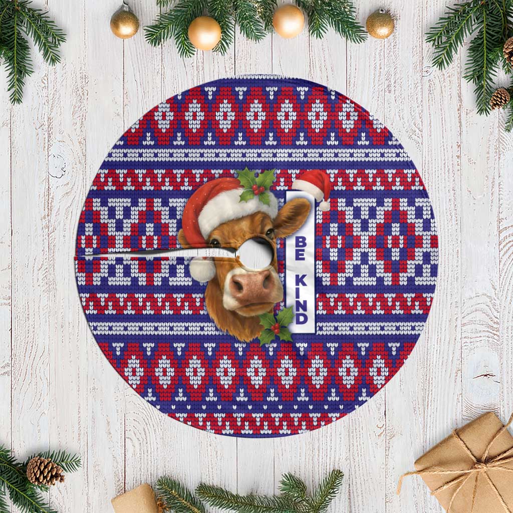 Cow in Santa Hat Be Kind Message Tree Skirt with Red Blue Knit Pattern Design - Wonder Print Shop