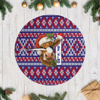 Cow in Santa Hat Be Kind Message Tree Skirt with Red Blue Knit Pattern Design - Wonder Print Shop