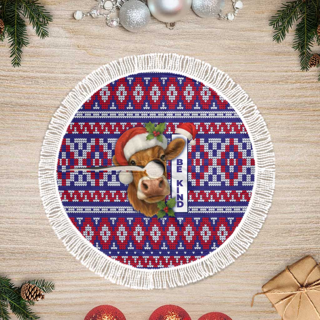 Cow in Santa Hat Be Kind Message Tree Skirt with Red Blue Knit Pattern Design - Wonder Print Shop