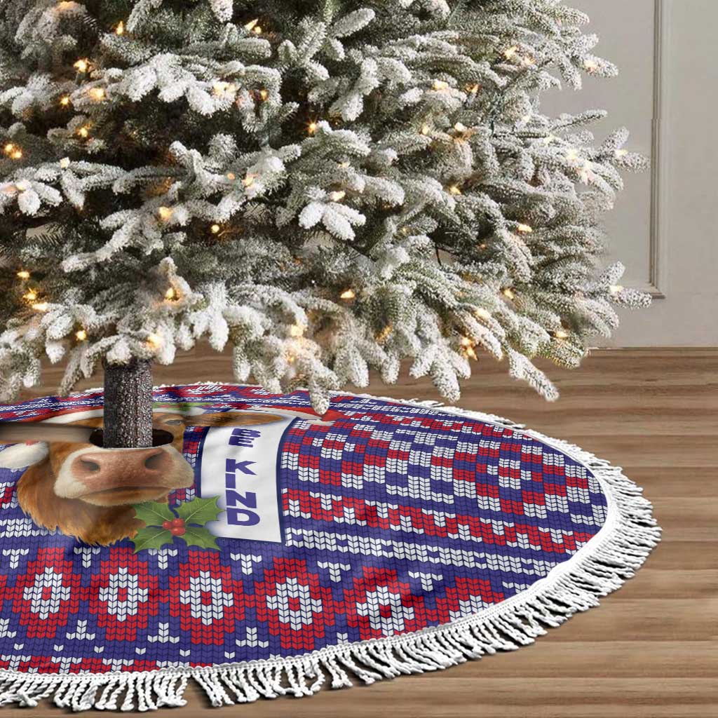 Cow in Santa Hat Be Kind Message Tree Skirt with Red Blue Knit Pattern Design - Wonder Print Shop