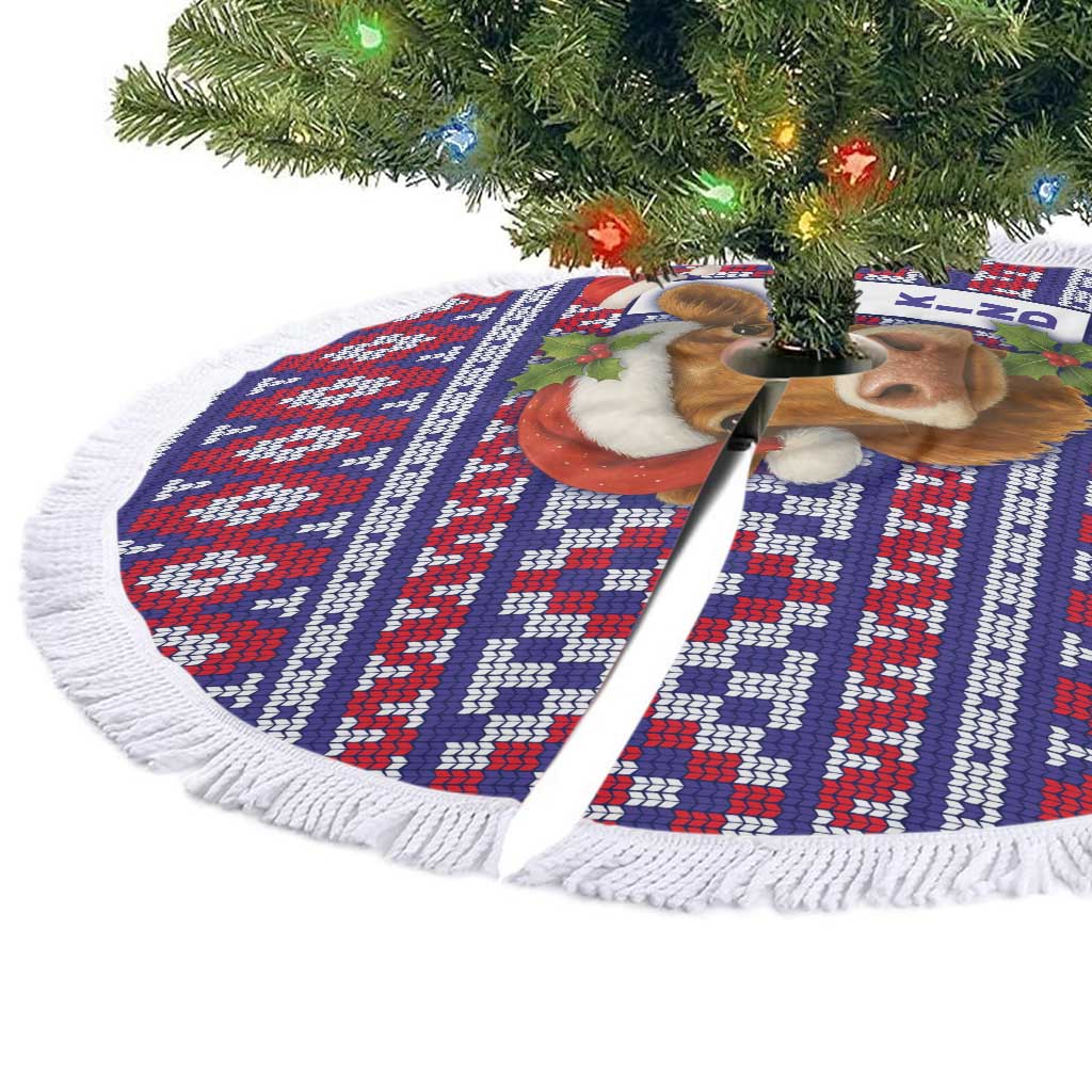 Cow in Santa Hat Be Kind Message Tree Skirt with Red Blue Knit Pattern Design - Wonder Print Shop