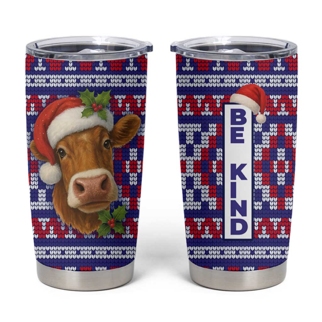 Cow in Santa Hat Be Kind Message Tumbler Cup with Red Blue Knit Pattern Design - Wonder Print Shop