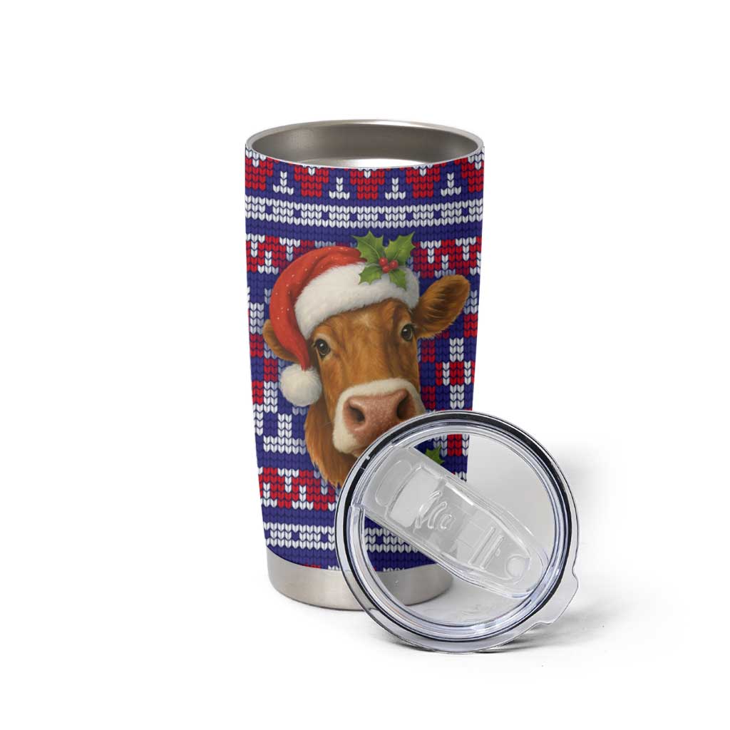 Cow in Santa Hat Be Kind Message Tumbler Cup with Red Blue Knit Pattern Design - Wonder Print Shop