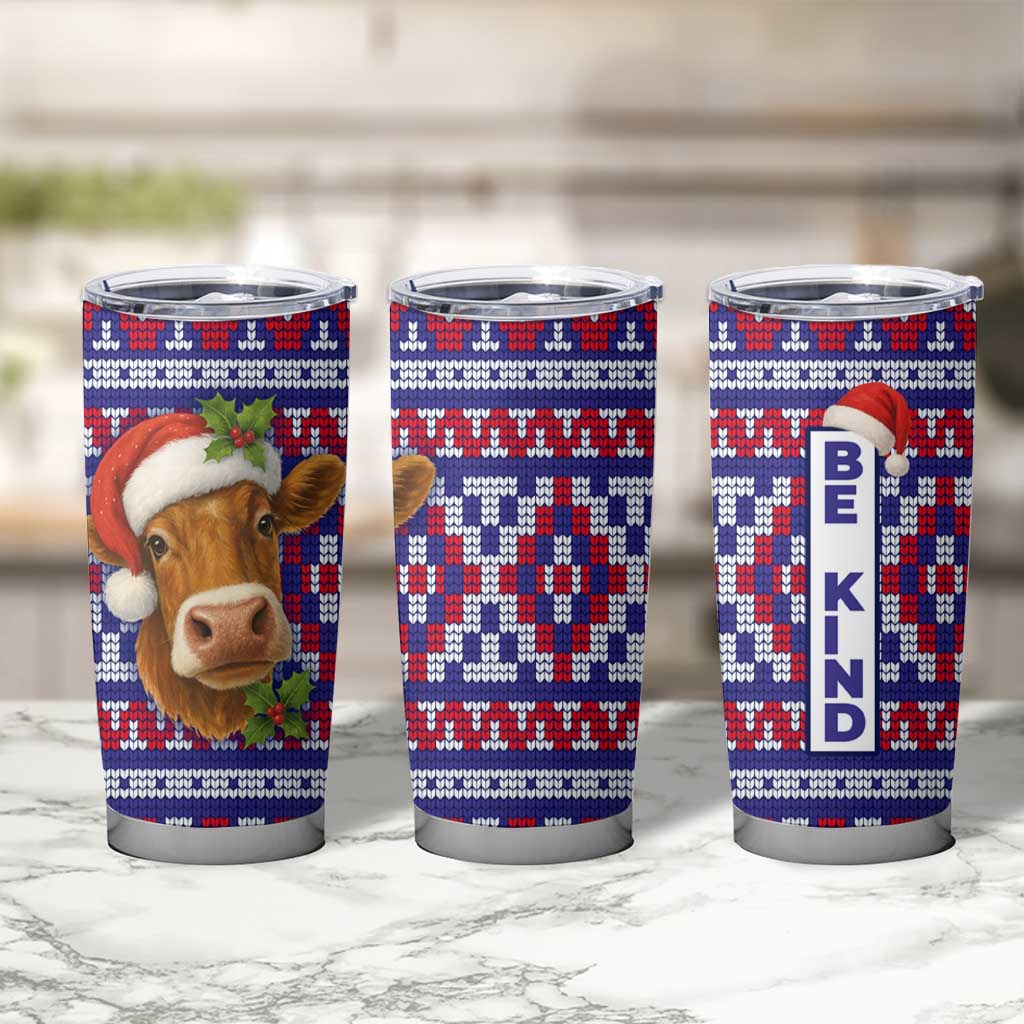 Cow in Santa Hat Be Kind Message Tumbler Cup with Red Blue Knit Pattern Design - Wonder Print Shop
