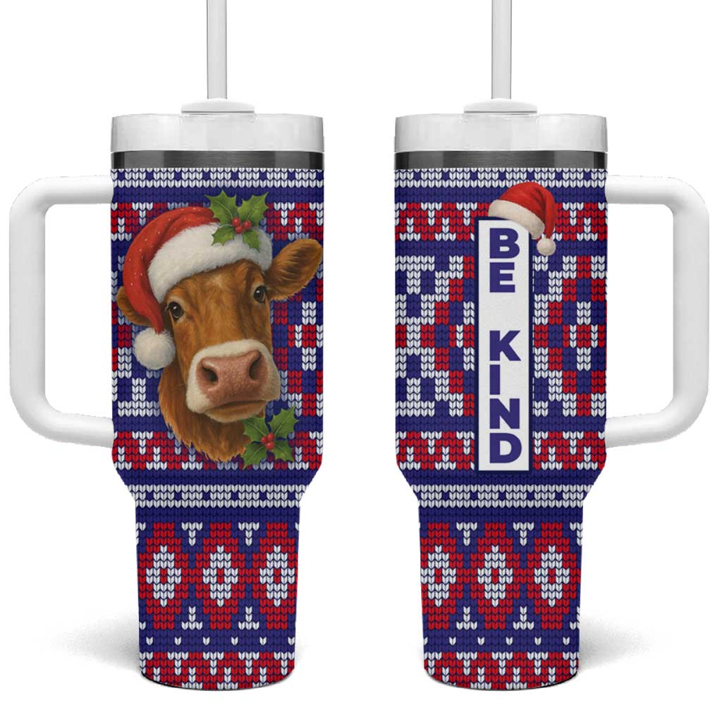 Cow in Santa Hat Be Kind Message Tumbler With Handle with Red Blue Knit Pattern Design - Wonder Print Shop