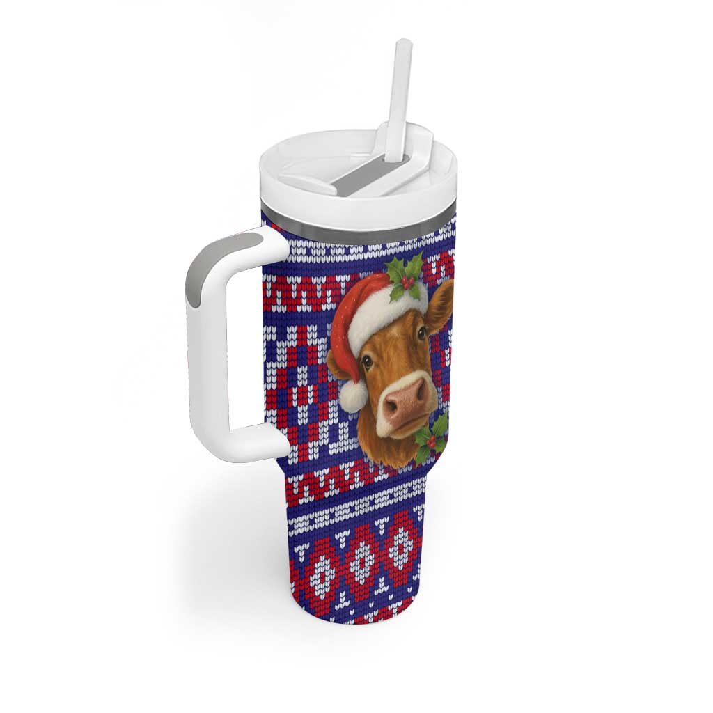 Cow in Santa Hat Be Kind Message Tumbler With Handle with Red Blue Knit Pattern Design - Wonder Print Shop