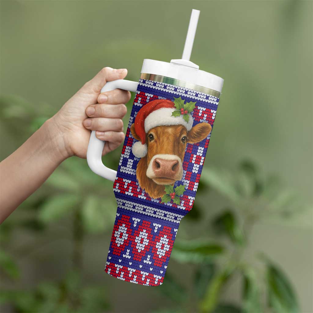 Cow in Santa Hat Be Kind Message Tumbler With Handle with Red Blue Knit Pattern Design - Wonder Print Shop