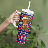 Cow in Santa Hat Be Kind Message Tumbler With Handle with Red Blue Knit Pattern Design - Wonder Print Shop