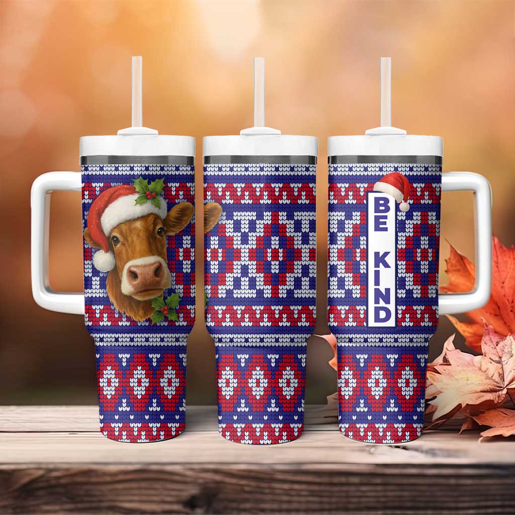 Cow in Santa Hat Be Kind Message Tumbler With Handle with Red Blue Knit Pattern Design - Wonder Print Shop