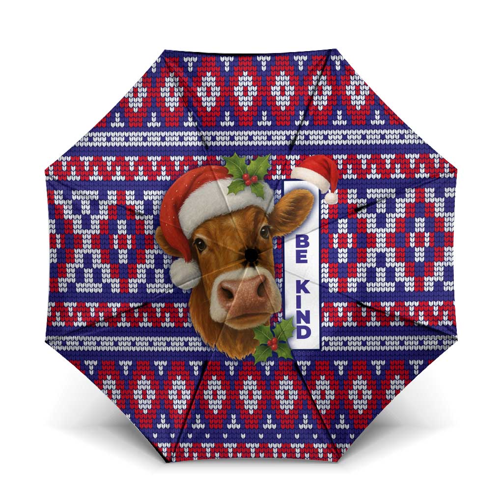 Cow in Santa Hat Be Kind Message Umbrella with Red Blue Knit Pattern Design - Wonder Print Shop