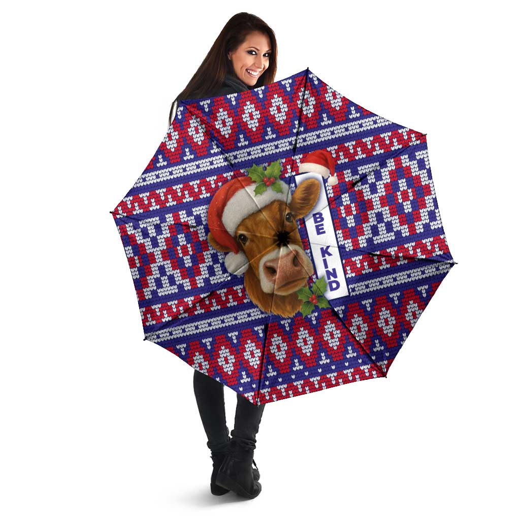 Cow in Santa Hat Be Kind Message Umbrella with Red Blue Knit Pattern Design - Wonder Print Shop