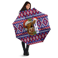Cow in Santa Hat Be Kind Message Umbrella with Red Blue Knit Pattern Design - Wonder Print Shop