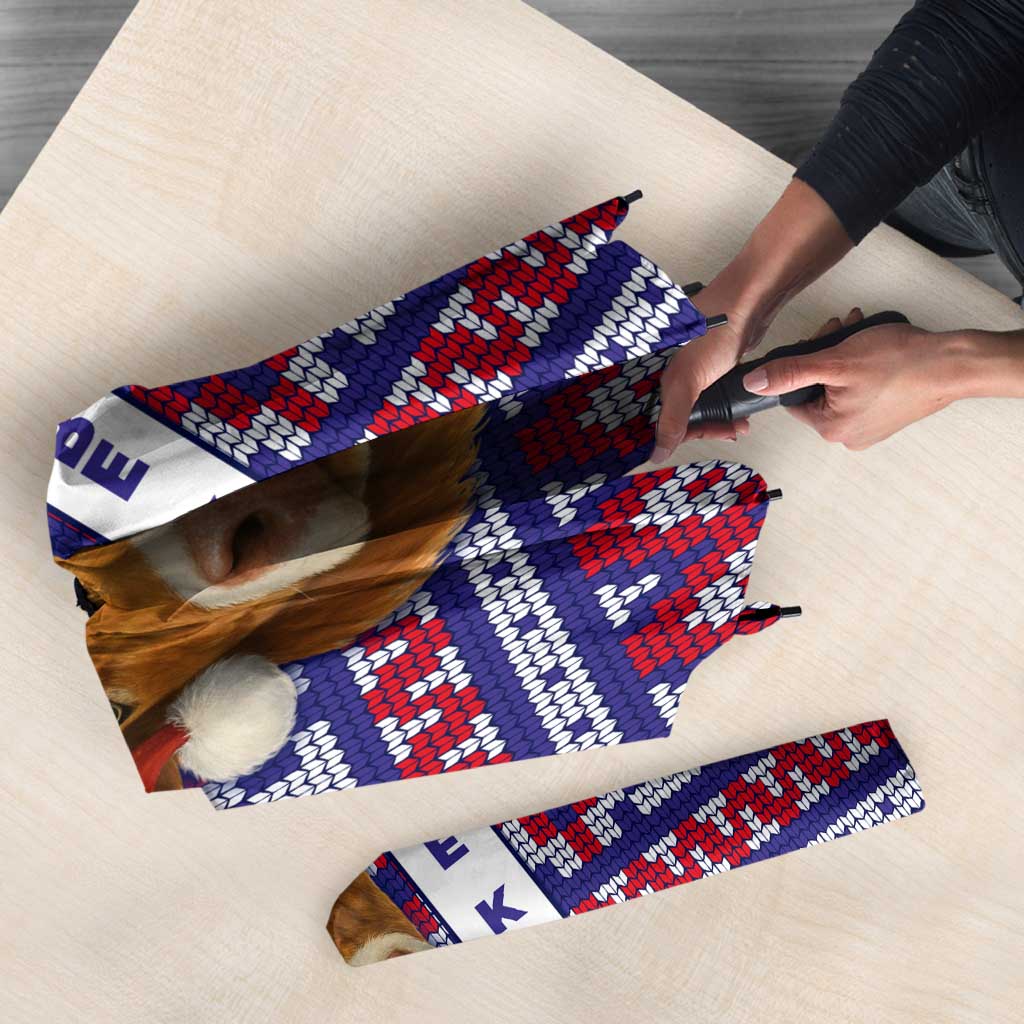 Cow in Santa Hat Be Kind Message Umbrella with Red Blue Knit Pattern Design - Wonder Print Shop