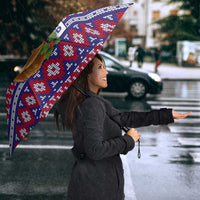 Cow in Santa Hat Be Kind Message Umbrella with Red Blue Knit Pattern Design - Wonder Print Shop