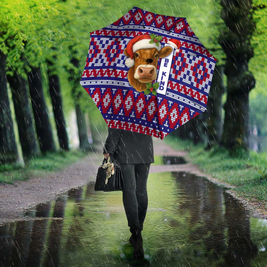 Cow in Santa Hat Be Kind Message Umbrella with Red Blue Knit Pattern Design - Wonder Print Shop