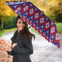 Cow in Santa Hat Be Kind Message Umbrella with Red Blue Knit Pattern Design - Wonder Print Shop