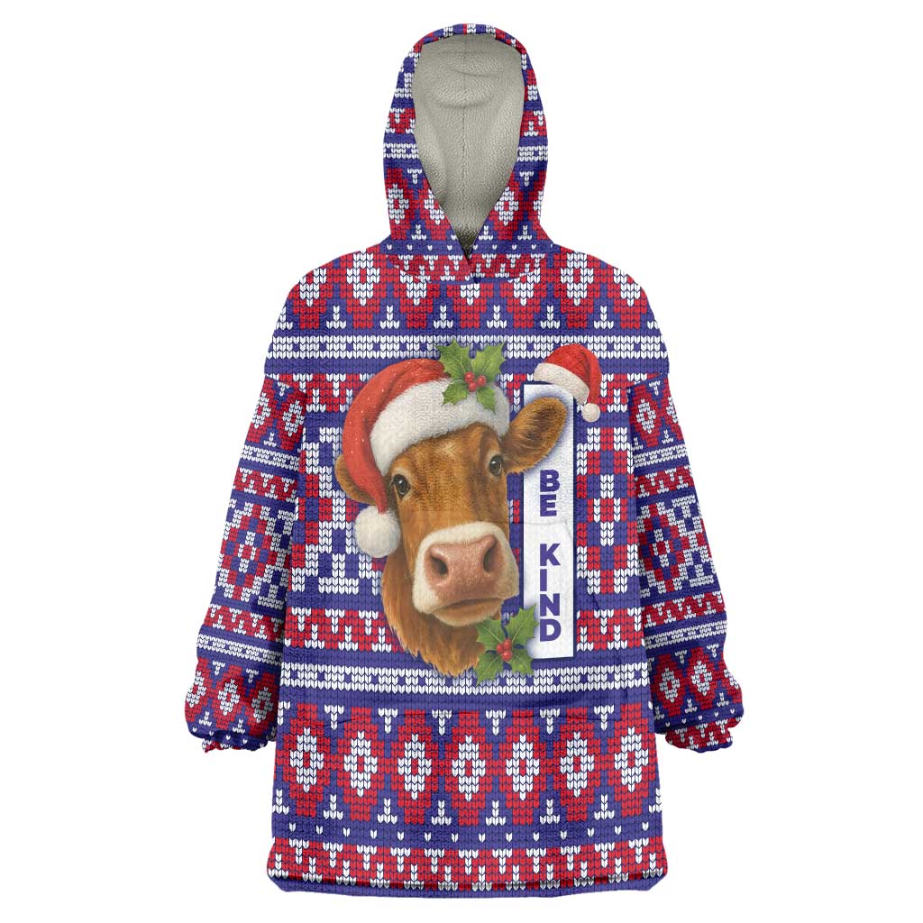 Cow in Santa Hat Be Kind Message Wearable Blanket Hoodie with Red Blue Knit Pattern Design - Wonder Print Shop