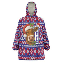 Cow in Santa Hat Be Kind Message Wearable Blanket Hoodie with Red Blue Knit Pattern Design - Wonder Print Shop