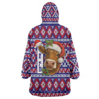 Cow in Santa Hat Be Kind Message Wearable Blanket Hoodie with Red Blue Knit Pattern Design - Wonder Print Shop