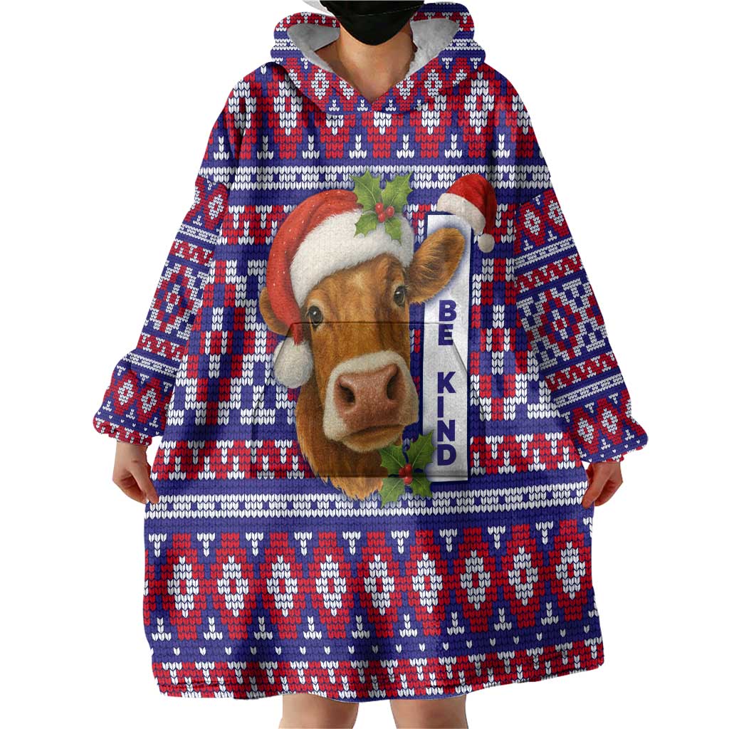 Cow in Santa Hat Be Kind Message Wearable Blanket Hoodie with Red Blue Knit Pattern Design - Wonder Print Shop