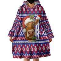 Cow in Santa Hat Be Kind Message Wearable Blanket Hoodie with Red Blue Knit Pattern Design - Wonder Print Shop