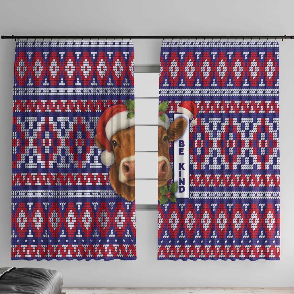 Cow in Santa Hat Be Kind Message Window Curtain with Red Blue Knit Pattern Design - Wonder Print Shop