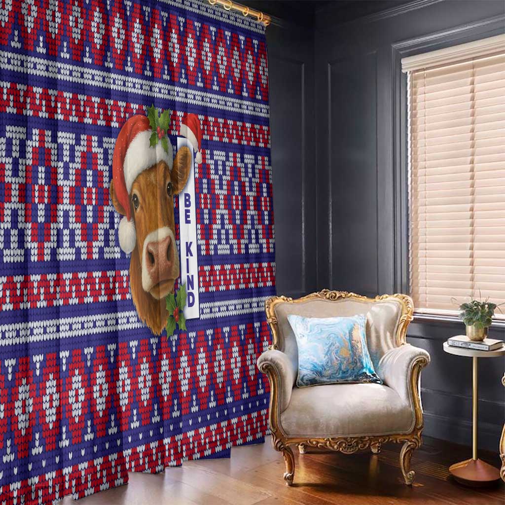 Cow in Santa Hat Be Kind Message Window Curtain with Red Blue Knit Pattern Design - Wonder Print Shop