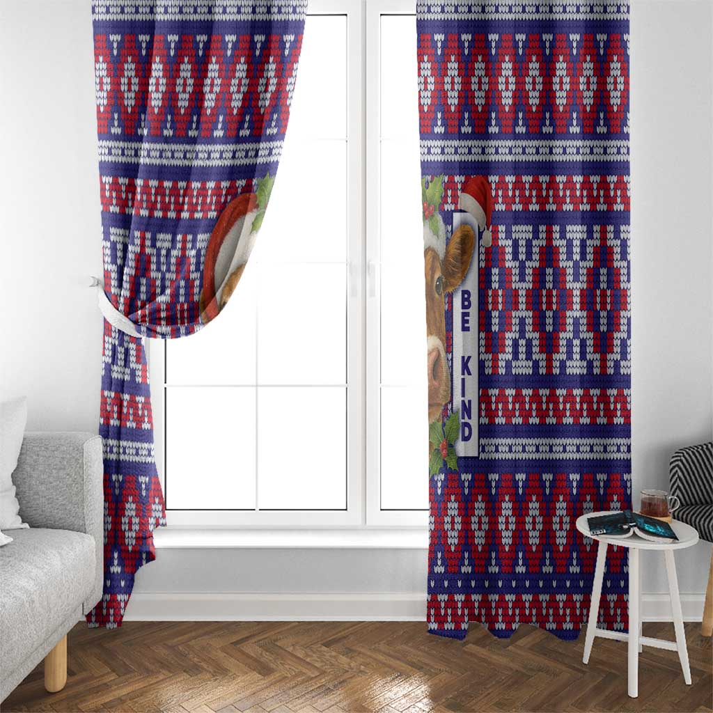 Cow in Santa Hat Be Kind Message Window Curtain with Red Blue Knit Pattern Design - Wonder Print Shop