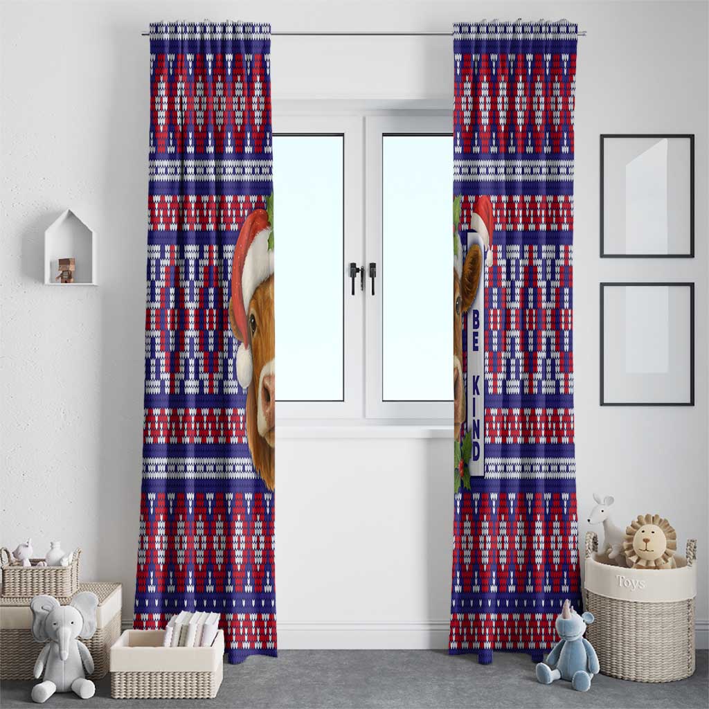 Cow in Santa Hat Be Kind Message Window Curtain with Red Blue Knit Pattern Design - Wonder Print Shop