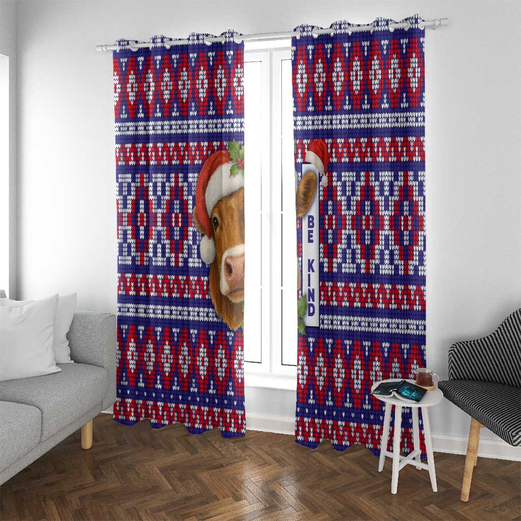 Cow in Santa Hat Be Kind Message Window Curtain with Red Blue Knit Pattern Design - Wonder Print Shop