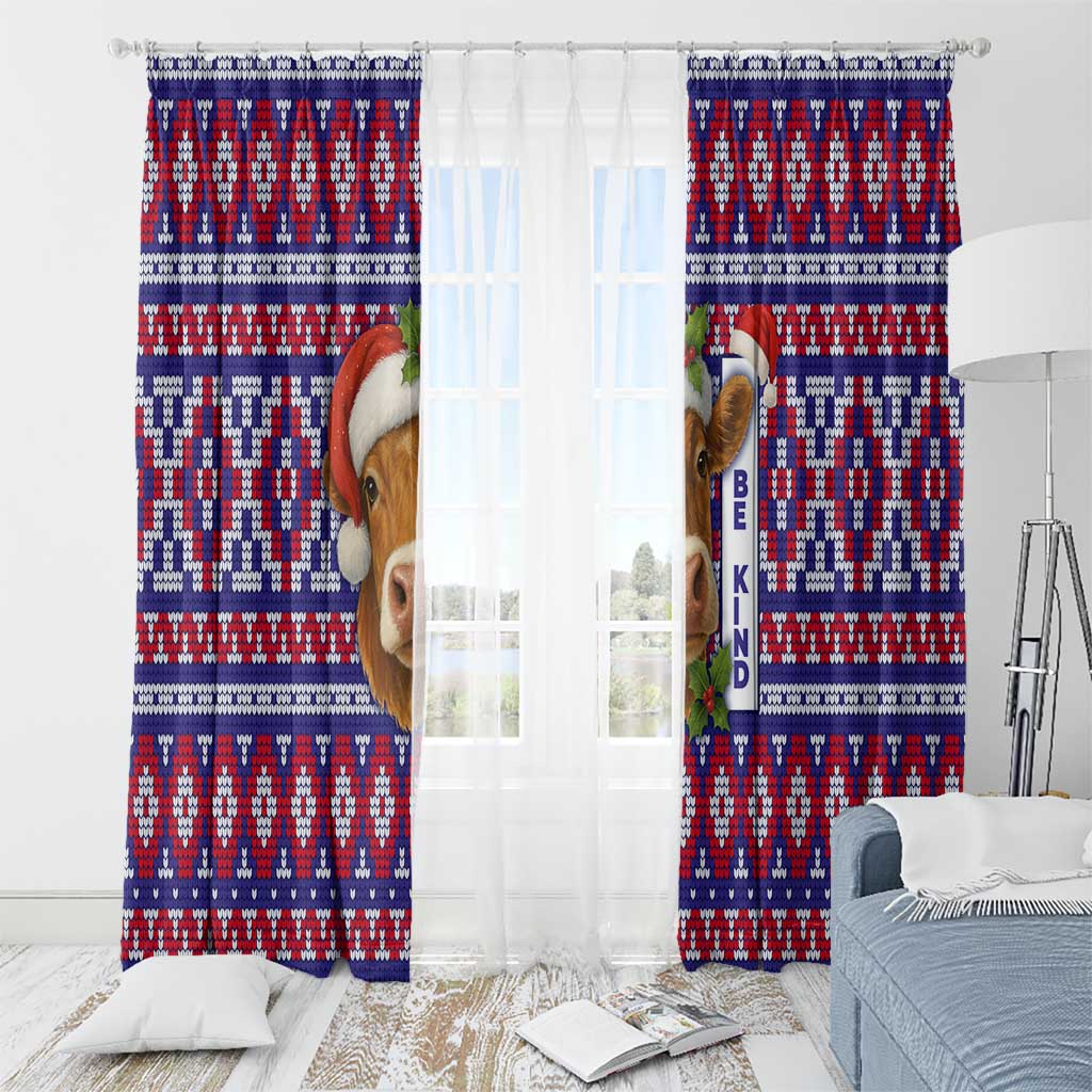 Cow in Santa Hat Be Kind Message Window Curtain with Red Blue Knit Pattern Design - Wonder Print Shop