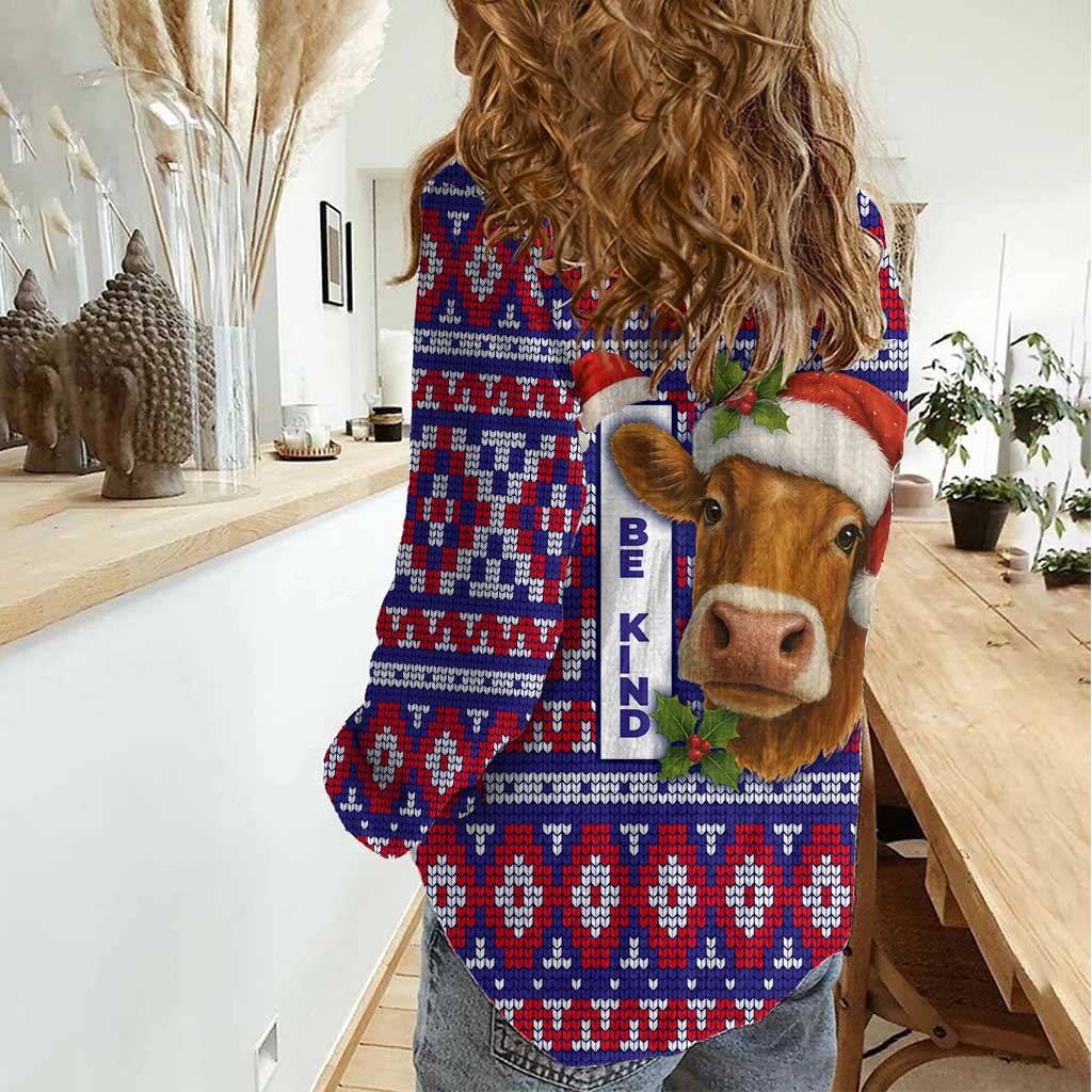 Cow in Santa Hat Be Kind Message Women Casual Shirt with Red Blue Knit Pattern Design - Wonder Print Shop