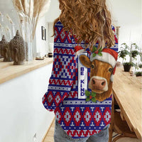 Cow in Santa Hat Be Kind Message Women Casual Shirt with Red Blue Knit Pattern Design - Wonder Print Shop