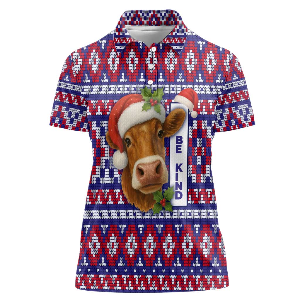 Cow in Santa Hat Be Kind Message Women Polo Shirt with Red Blue Knit Pattern Design - Wonder Print Shop