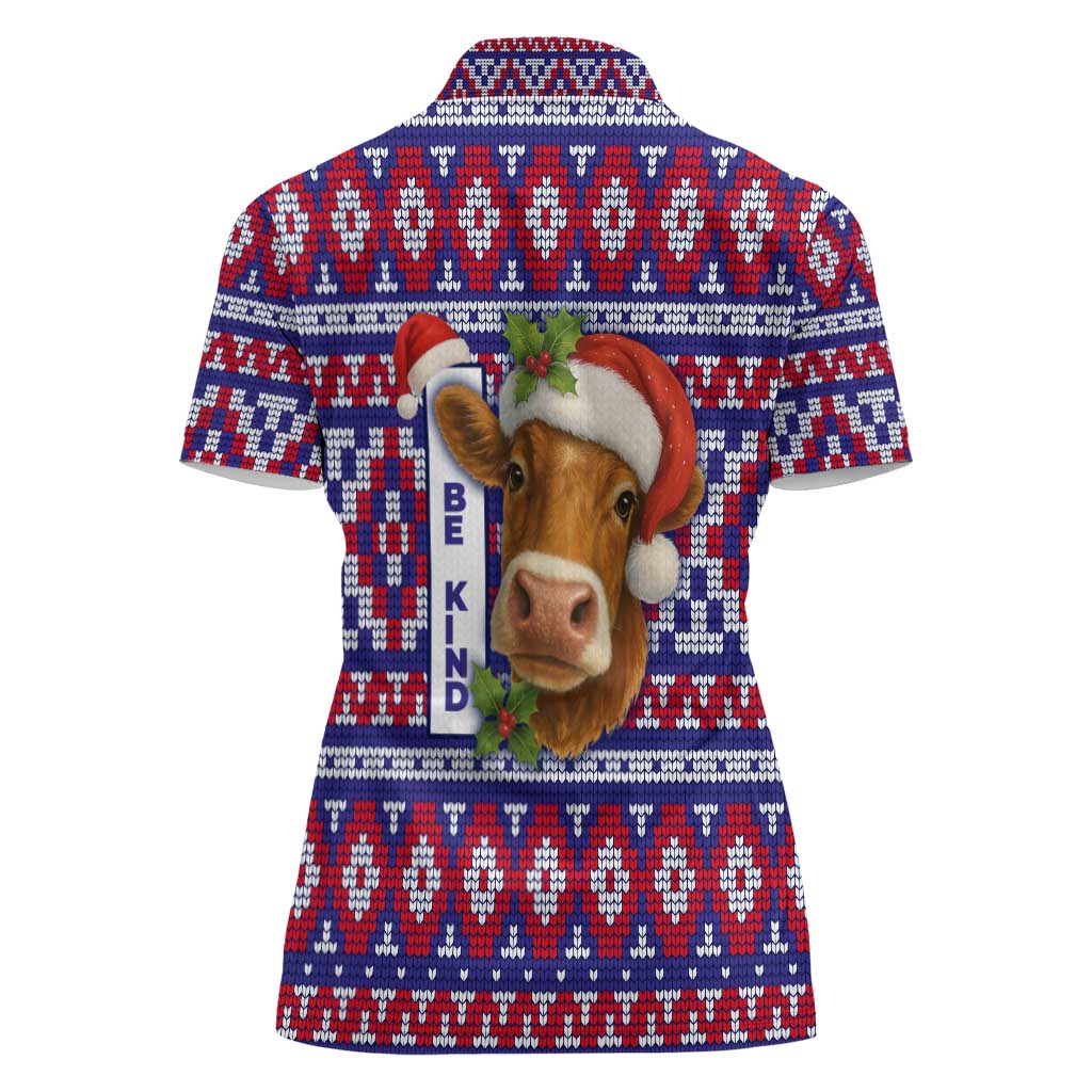 Cow in Santa Hat Be Kind Message Women Polo Shirt with Red Blue Knit Pattern Design - Wonder Print Shop