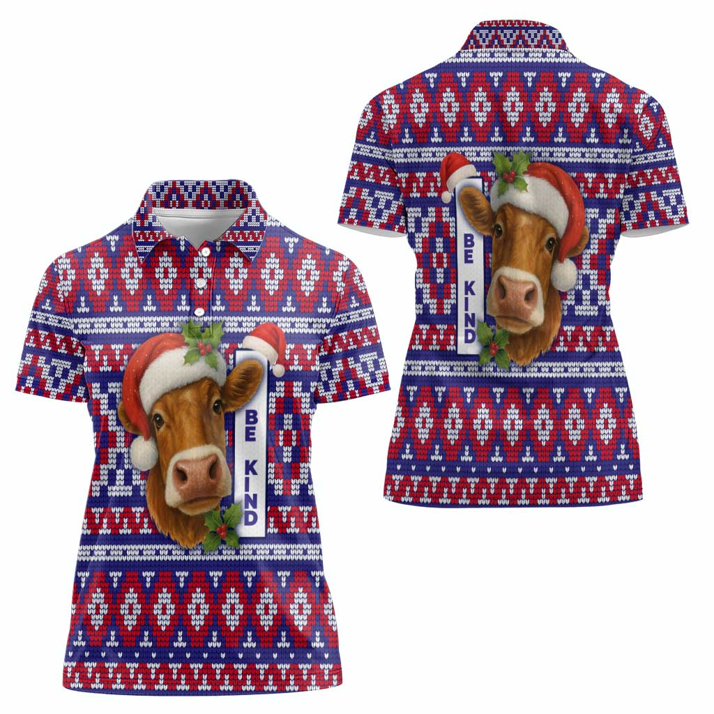 Cow in Santa Hat Be Kind Message Women Polo Shirt with Red Blue Knit Pattern Design - Wonder Print Shop