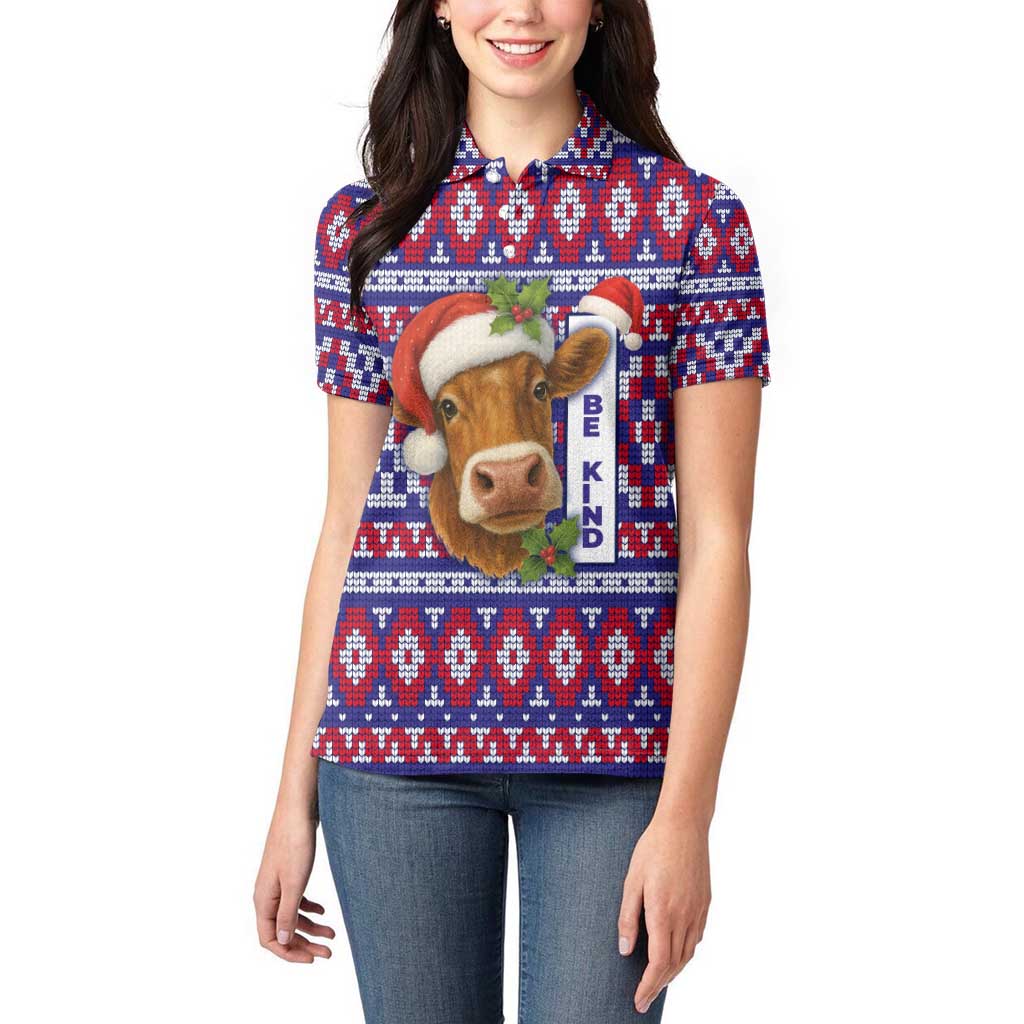 Cow in Santa Hat Be Kind Message Women Polo Shirt with Red Blue Knit Pattern Design - Wonder Print Shop