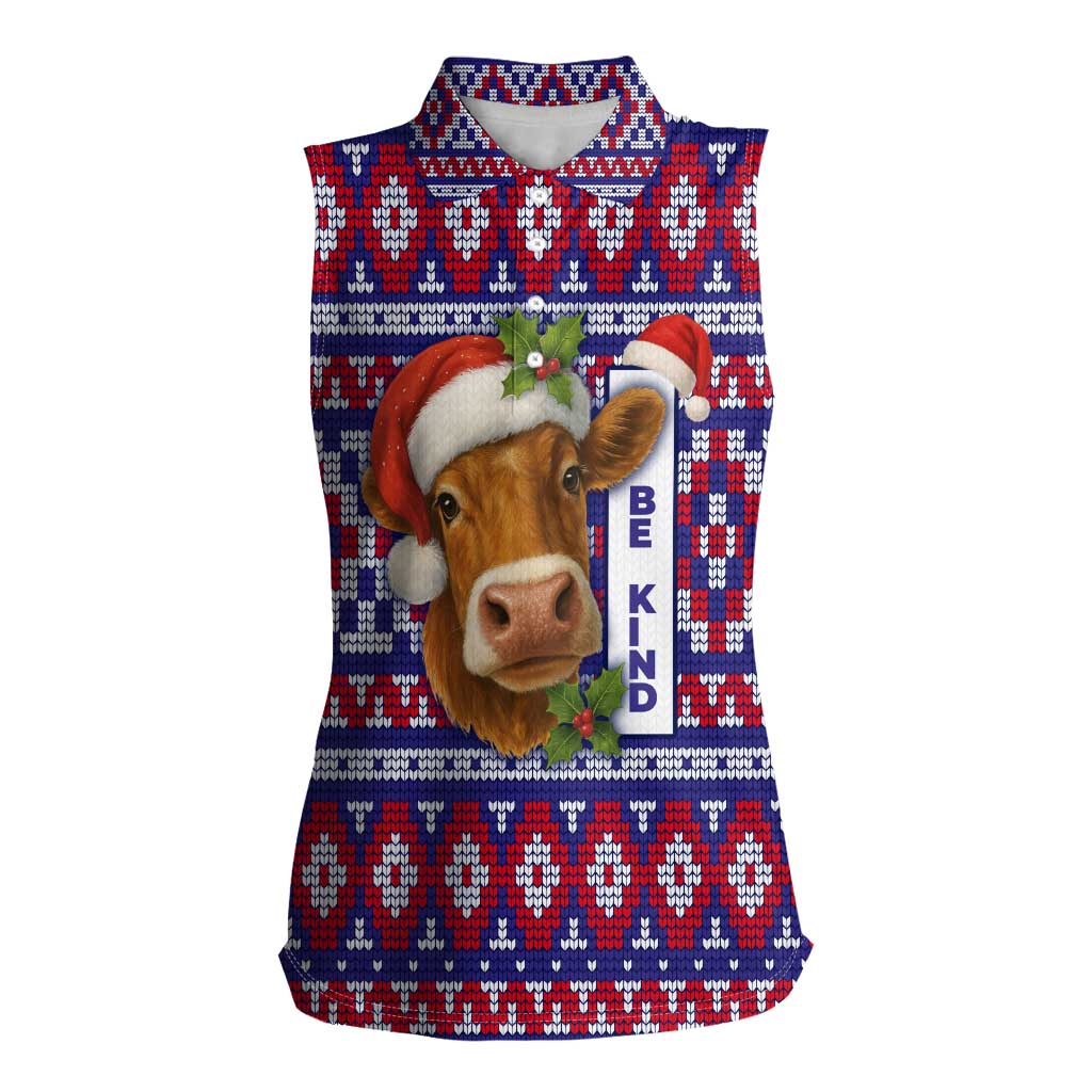 Cow in Santa Hat Be Kind Message Women Sleeveless Polo Shirt with Red Blue Knit Pattern Design - Wonder Print Shop