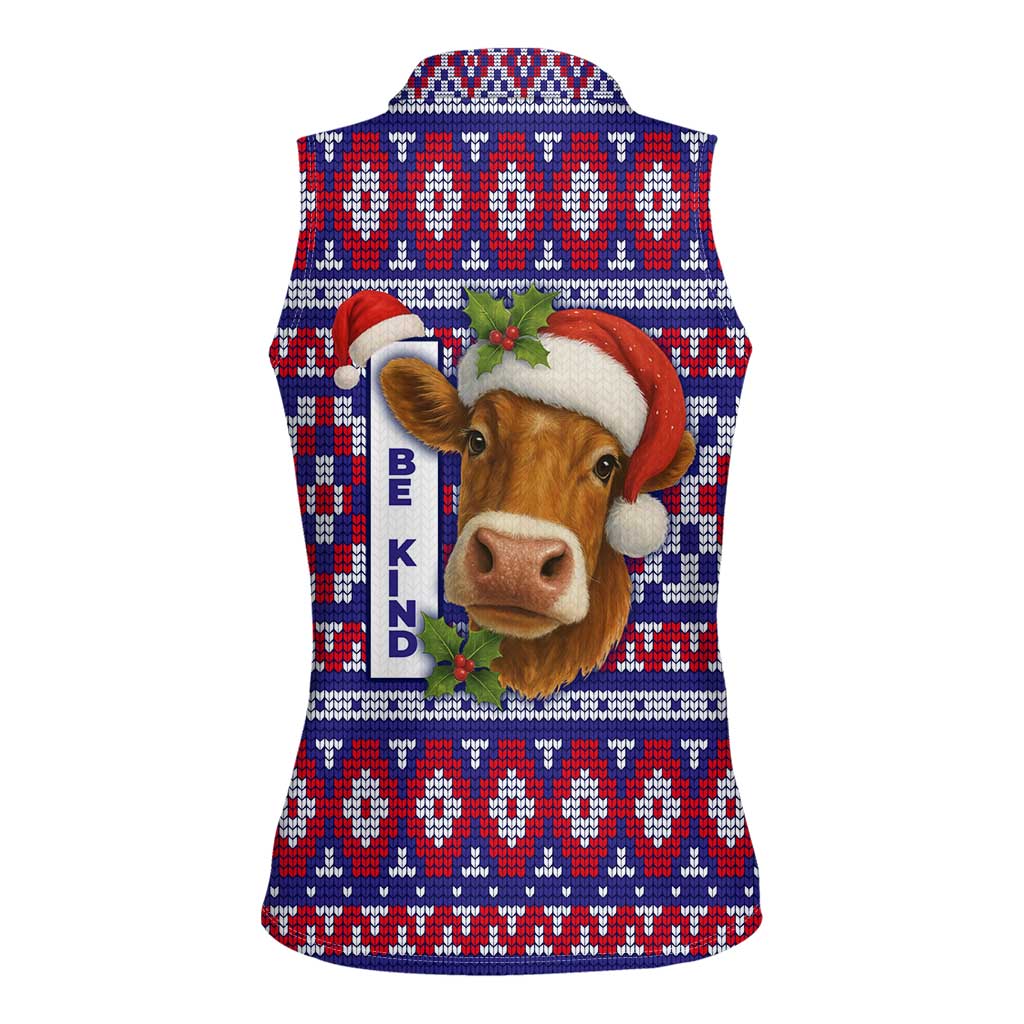 Cow in Santa Hat Be Kind Message Women Sleeveless Polo Shirt with Red Blue Knit Pattern Design - Wonder Print Shop