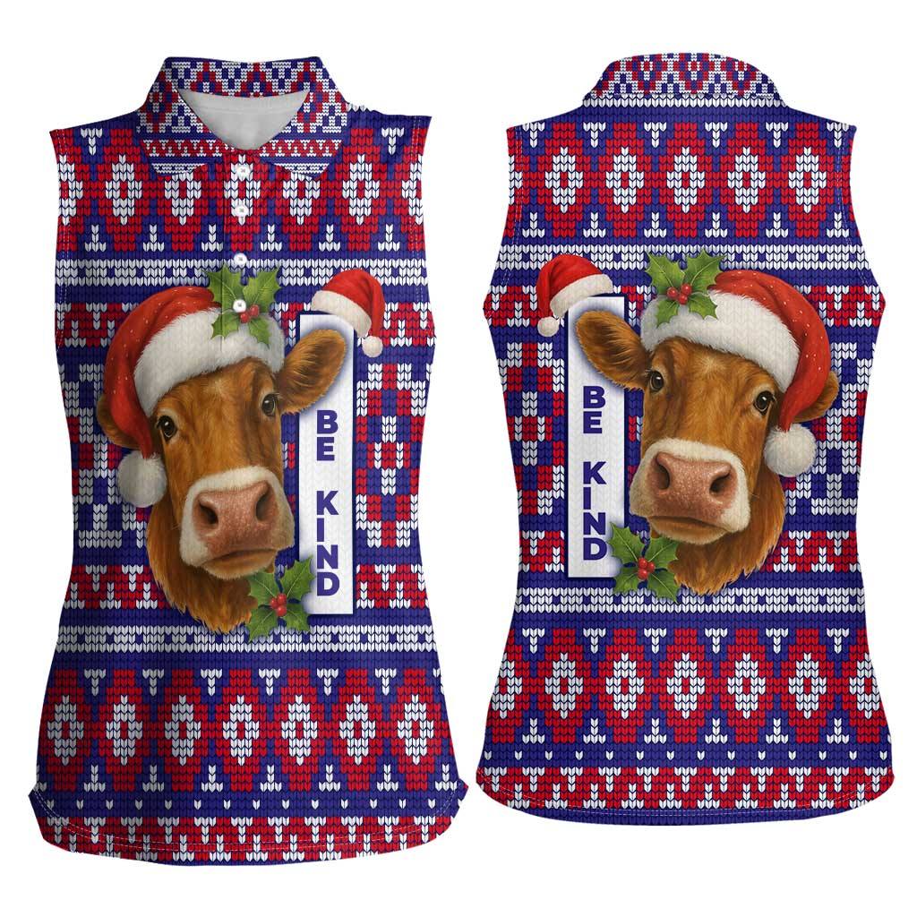 Cow in Santa Hat Be Kind Message Women Sleeveless Polo Shirt with Red Blue Knit Pattern Design - Wonder Print Shop