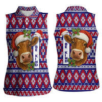 Cow in Santa Hat Be Kind Message Women Sleeveless Polo Shirt with Red Blue Knit Pattern Design - Wonder Print Shop